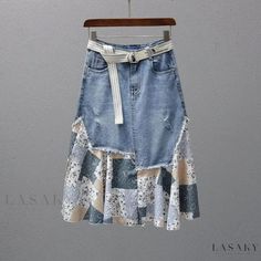 Lasaky - Lace Denim Skirt - Stylish High Waist A-line Midi Skirt with Patchwork Design High Waist Maxi Skirt, Light Blue Skirts, Skirt Aesthetic, Maxi Skirts Summer, Womens Denim Skirts, High Waisted Maxi Skirt, Zipper Jeans, Denim Skirt Women, Denim And Lace