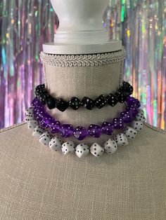 Adjustable Dice choker/ necklace in colors purple black and white.  Lobster claw closure.  Ethically handmade with love by Glitz and Candy. Hyperpop Jewelry, Aesthetic Choker, Rave Attire, Purple Punk, Kandi Choker, Purple Choker, Kandi Necklace, Scene Goth, Rave Accessories