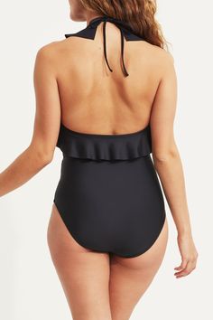 Fitted Low Back Swimwear With Back Opening, Elegant Summer Swimwear With Closed Back, Elegant Backless Swimwear With Lined Body, Chic Solid Swimwear With Ruffles, Chic Solid Color Swimwear With Ruffles, Chic Fitted Backless Swimwear, Elegant Black Swimwear With Ruched Back, Fitted One-piece Swimwear With Back Opening, Elegant Backless Swimwear For Poolside