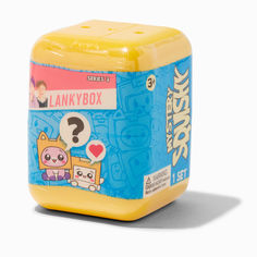 a yellow and blue toy box with an animal on it's lid, which is shaped like a cartoon character