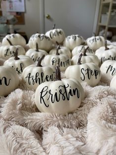 white pumpkins with black writing on them sitting on a fluffy blanket in a room