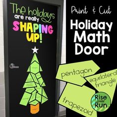 a door with the words holiday math door written on it and an image of a christmas tree