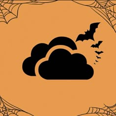 an orange and black background with bats flying in the sky over a cloud that has spider webs on it