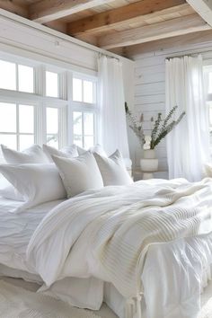 White Coastal Bedroom Decorating Romantic White Bedroom, White Coastal Bedroom, Modern White Bedroom, White Bedrooms, Calming Aesthetic, Farmhouse Bedroom Ideas