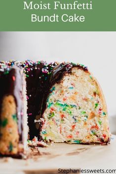 a bundt cake with chocolate frosting and sprinkles on the side