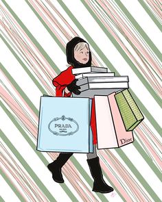 a drawing of a woman carrying shopping bags and books on her back while walking down the street