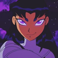 an animated image of a woman with purple eyes