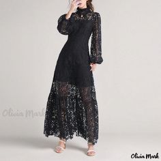 Olivia Mark - Elegant Long-Sleeved Mandarin Collar Embroidered Hollow Out Solid Color Maxi Dress with Delicate Lotus Leaf Hem Long Sleeve Maxi Dress With Lace Patchwork For Evening, Formal Maxi Dress With Lace Patchwork And Long Sleeves, Formal Long Sleeve Maxi Dress With Floral Embroidery, Black Lace Patchwork Maxi Dress For Spring, Party Maxi Dress With Lace Patchwork And Long Sleeves, Spring Black Maxi Dress With Lace Patchwork, Black Maxi Dress With Lace Patchwork For Spring, Fall Lace Patchwork Maxi Dress, Formal Embroidered Long Sleeve Maxi Dress