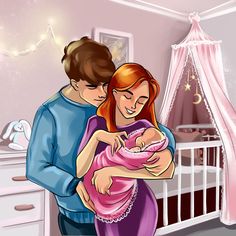 a man and woman are holding a baby in their arms while standing next to a crib