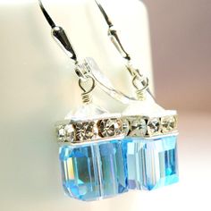 Aquamarine Crystal Earrings, Teal Drop Blue Topaz Swarovski Cube, Sterling Silver, Bridesmaid Earrin Light Blue Crystal Earrings For Gift, Light Blue Sterling Silver Earrings For Wedding, Light Blue Sterling Silver Wedding Earrings, Silver Aquamarine Earrings For Wedding, Wedding Blue Topaz Faceted Jewelry, Blue Aquamarine Jewelry For Party, Blue Aquamarine Party Jewelry, Blue Topaz Dangle Jewelry For Wedding, Sparkling Blue Earrings For Gift