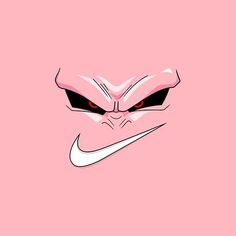 the face of an alien with red eyes on a pink background, in front of a white nike logo