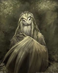 an owl with long hair is sitting in the woods