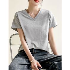 Summer Solid Color V-Neck Black Basic Tee  Material: 92.5%Cotton+7.5%Spandex  Style: Teen Girl Shirt Size: S, M, L, XL, 2XL, 3XL Color: Black, Gray  Occasion: Outdoor, Daily,  Vacation Gray V-neck T-shirt For Spring, Stretch V-neck T-shirt For Work, Solid V-neck T-shirt For Work, Gray Everyday V-neck T-shirt, Everyday Gray V-neck T-shirt, Gray V-neck T-shirt For Everyday, Basic Gray V-neck Tops, Casual Stretch T-shirt For Work, Trendy Gray V-neck T-shirt