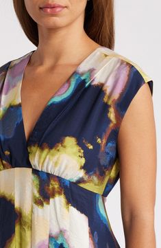 A delightful print makes a splash on a swingy midi dress that's ready to make a sunny style statement. Ties at back V-neck Cap sleeves Lined 85% rayon, 15% nylon Machine wash, line dry Imported Sleeveless Abstract Print Dress For Day Out, Patterned Abstract Print Dress For Summer, Summer Rayon Midi Dress With Surplice Neckline, Summer Multicolor Print Knee-length Midi Dress, Summer Midi Dress With Surplice Neckline In Rayon, Knee-length Multicolor Print Summer Midi Dress, Summer Knee-length Multicolor Print Midi Dress, V-neck Dress With Abstract Print For Vacation, Summer Multicolor Viscose Maxi Dress