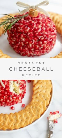 an ornament shaped cheese ball on a plate with crackers and pomegranates