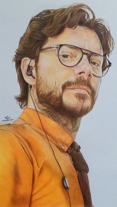 a drawing of a man with glasses and a beard wearing headphones, looking to the side