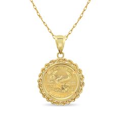 ♥ Coin Information ♥ Coin Metal: 22K Fine GoldMetal Content: 1/4OZ Fine GoldDenomination: $10Obverse: Lady Liberty Holding Branch TorchReverse: Flying Eagle Year: Varies♥ Bezel Information ♥ Style: Rope SettingSetting Material: 14k Yellow GoldDimensions: 37mm x 27mmTotal Weight: 12-14 grams**All Coins are Real Authentic Genuine Uncirculated Fine Gold Coins Yellow Gold Medallion Necklace With Rope Chain, Yellow Gold Jewelry With Round Rope Chain, Lady Liberty, Coin Necklace, Gold Coins, Halo, Chain, Gold