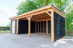 a black garage with a wooden roof