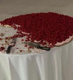 there is a cake that has been cut into pieces and placed on top of the table