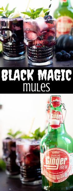 black magic mules are served in glasses with garnishes and minty garnish