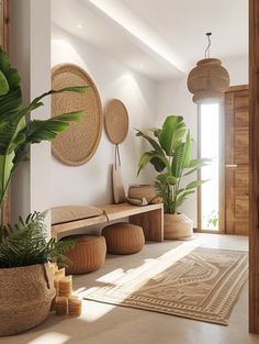 a living room filled with lots of potted plants next to a wooden bench and window