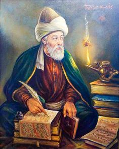 an old man with a white beard sitting in front of books and holding a book