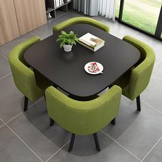 a black table with green chairs around it