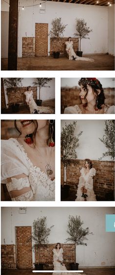 multiple shots of a woman in a white dress with flowers on her head, and an image of a tree