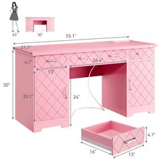 a pink desk with drawers and a drawer on the bottom, measurements for each drawer