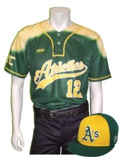 a green and yellow baseball uniform with a hat on it's head next to a mannequin