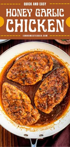 grilled honey garlic chicken on a white plate with text overlay