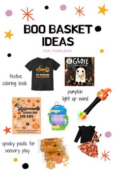 the contents of a boo basket for toddlers with text overlaying it that says boo basket ideas