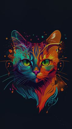 a colorful cat's face on a black background