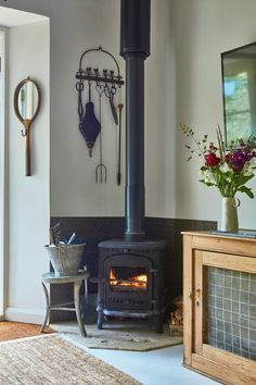 a living room with a fire place in it