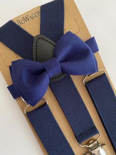 Adorable bow tie, made with 100% cotton. Size 6m-2yo: adjustable suspenders are 25" long, bow tie's neck strap is about 14" long; (adjustable), velcro closureSize 3yo-5yo: adjustable suspenders are 25" long, bow tie's neck strap is about 15" long; (adjustable), velcro closureSize 6yo-12yo: adjustable suspenders are 32 " long, bow tie's neck strap is about 16 1/2" long; (adjustable), velcro closureSize adult up to 5'6": adjustable suspenders are 40 " long, bow tie's neck strap is about 23" long ( Adjustable Blue Bow Tie, Adjustable Blue Standard Bow Tie, Adjustable Blue Standard Tie Bow, Blue Adjustable Standard Tie Bow, Adjustable Blue Bow With Bow Tie Back, Bow Tie And Suspenders Set For Father's Day Party, Classic Adjustable Belts And Suspenders With Bow Tie Back, Adjustable Bow Tie With Suspenders For Black Tie Events, Dark Blue Braces