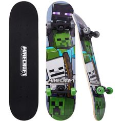 a skateboard with an image of minecraft on the front and back wheels, attached to it