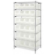 wire shelving unit with six bins on each side and four shelves, white