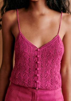 Francisco Top - Fuchsia - 0rganic cotton - textile made from organic fibers - Sézane Chic Pointelle Knit V-neck Tank Top, Elegant Pointelle Knit Tank Top, Chic Knit Camisole With Spaghetti Straps, Summer Pointelle Knit Camisole Top, Knit Camisole With Spaghetti Straps, Fitted Crochet Lace Top With Spaghetti Straps, Summer Pointelle Knit Camisole, V-neck Crochet Trim Knit Top, V-neck Knit Top With Crochet Lace