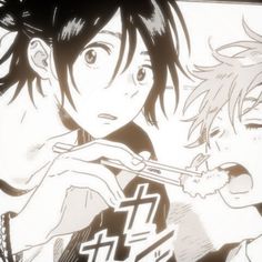 two anime characters with chopsticks in their hands and one is holding something up to his mouth