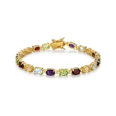 18K Gold-Plated Rainbow Multigemstone Oval Tennis Bracelet  A rainbow of colored gemstones prong-set into a classic, tennis bracelet design, makes this gold-plated sterling silver piece a great choice for chic, everyday dressing. Includes blue topaz, purple amethyst, red garnet, yellow citrine and green peridot stones.       Approx. 7" x 4.65mm      Stamped .925; 18K yellow gold plating     Box closure; double safety latches     Multicolored oval gemstones prong-set end-to-end in line bracelet design   Stone Information       All sizes and weights approximate     Sky Blue Topaz- Oval; 4pc; 1.89ctw     African Amethyst - Oval; 4pc; 1.54ctw     Garnet - Oval; 4pc; 1.97ctw     Citrine - Oval; 4pc; 1.51ctw     Peridot - Oval; 4pc; 1.76ctw Colored Gemstones, Peridot Stone, Bracelet Design, Yellow Citrine, Sky Blue Topaz, Green Peridot, Silver Pieces, Red Garnet, Tennis Bracelet