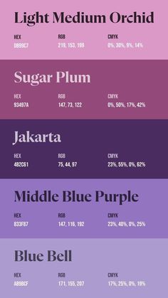 the different font styles and colors for each type of text, including bluebells, sugar plum, jakrara, middle blue purple