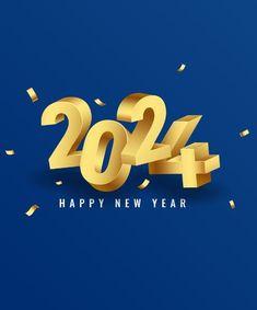 new year's card with gold numbers and confetti on a blue background