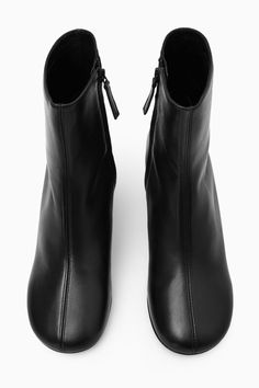 CYLINDER-HEEL LEATHER SOCK BOOTS - BLACK - COS Cos Shoes, Leather Sock Boots, Autumn Winter 2023, Sock Boots, Leather Socks, Winter 2023, Quilted Bag, Soft Black, Boots Black