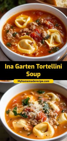 two bowls filled with tortelli soup next to bread