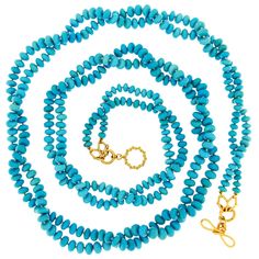 Two-Strand Turquoise Rondelle Necklace features an abundance of beads. It can be worn in many ways, from as-is to looping around the neck, creating a field of blue. A wire wrapped 18k yellow gold ring-and-toggle clasp featuring interlocking Vs holds everything in place. The entire necklace is 38.43 inches long. Rondelle Necklace, Wool Necklace, Yellow Gold Necklace, American Turquoise, Labradorite Necklaces, 18k Yellow Gold Ring, Sleeping Beauty Turquoise, Keshi Pearls, Multi Strand Necklace