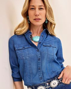 Denim Split Cuff Pocket Shirt - Chico's Linen Top Women, Dress Blues, Clothing Outfits, Classic Style Women, Dresses Pants, Pocket Shirt, Womens Designer Fashion, Sweaters And Jeans, Pants Jeans