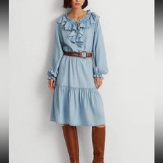 Nwt Ralph Lauren Boho Raglan Denim Ruffle Trim With Pockets Dress Womens Sz 6 Does Not Include The Belt Long Sleeve Denim Dress With Ruffles, Casual Knee-length Denim Dress With Ruffles, Casual Knee-length Ruffled Denim Dress, Denim Ruffle Dresses For Fall, Fall Denim Ruffle Dresses, Fall Denim Dresses With Ruffles, Knee-length Ruffled Denim Dress, Knee-length Ruffled Denim Dress For Spring, Knee-length Denim Dress With Ruffles For Spring