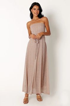 Farley Strapless Maxi Dress - Rose Gold Stripe - Petal & Pup USA Gold Maxi Dress, Petal And Pup, Ribbed Maxi Dress, Fall Wedding Guest Dress, Resort Dresses, Essential Dress, Usa Dresses, Strapless Maxi, Strapless Maxi Dress