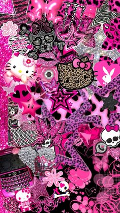 pink and black wallpaper with lots of different designs on it's surface, including hearts