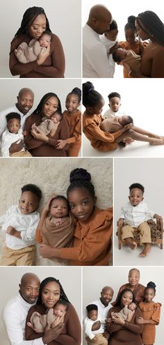 a collage of photos showing different people holding their babies and posing for the camera